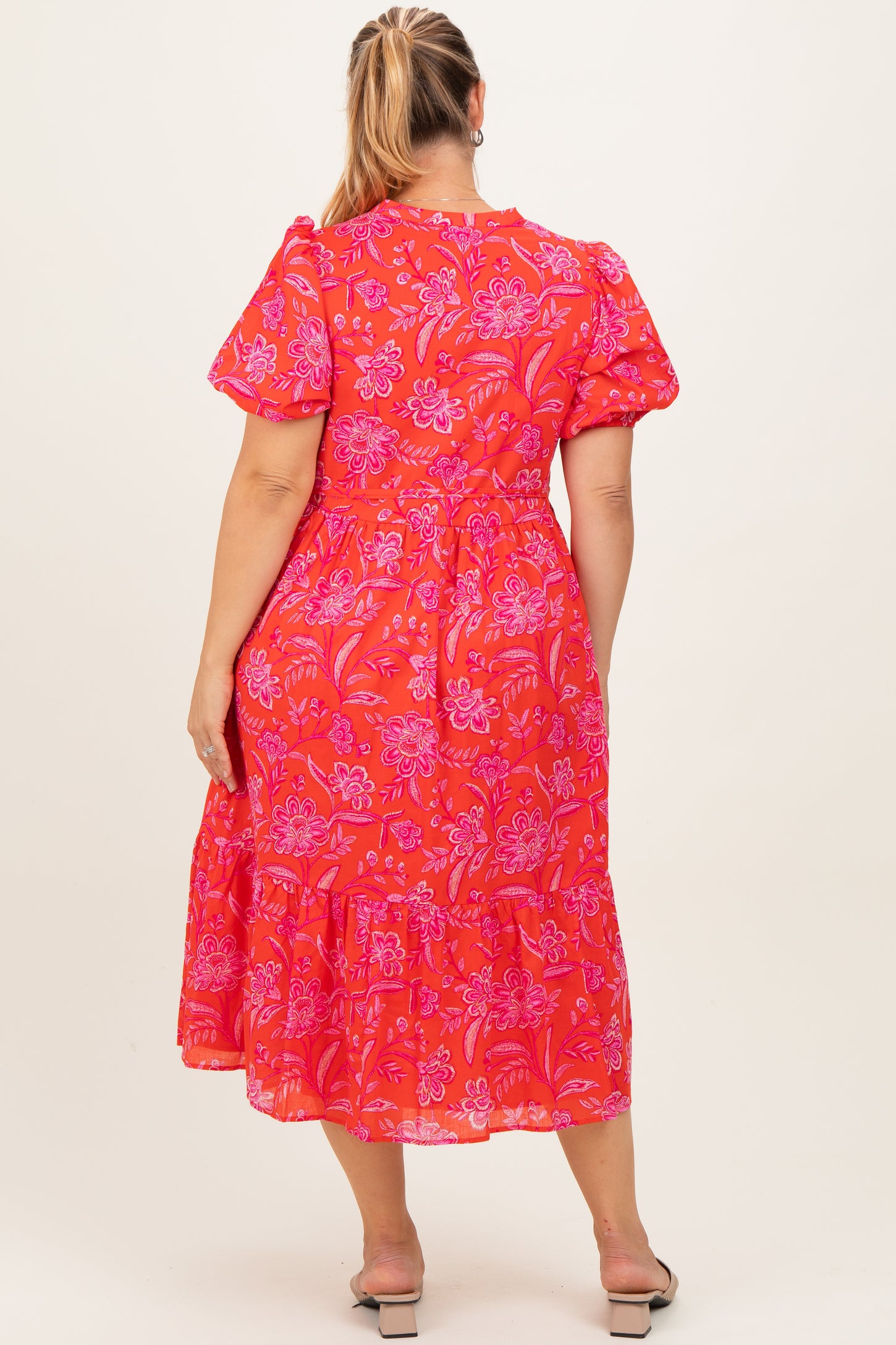 Red Floral Button Down Maternity Plus Midi Shirt Dress