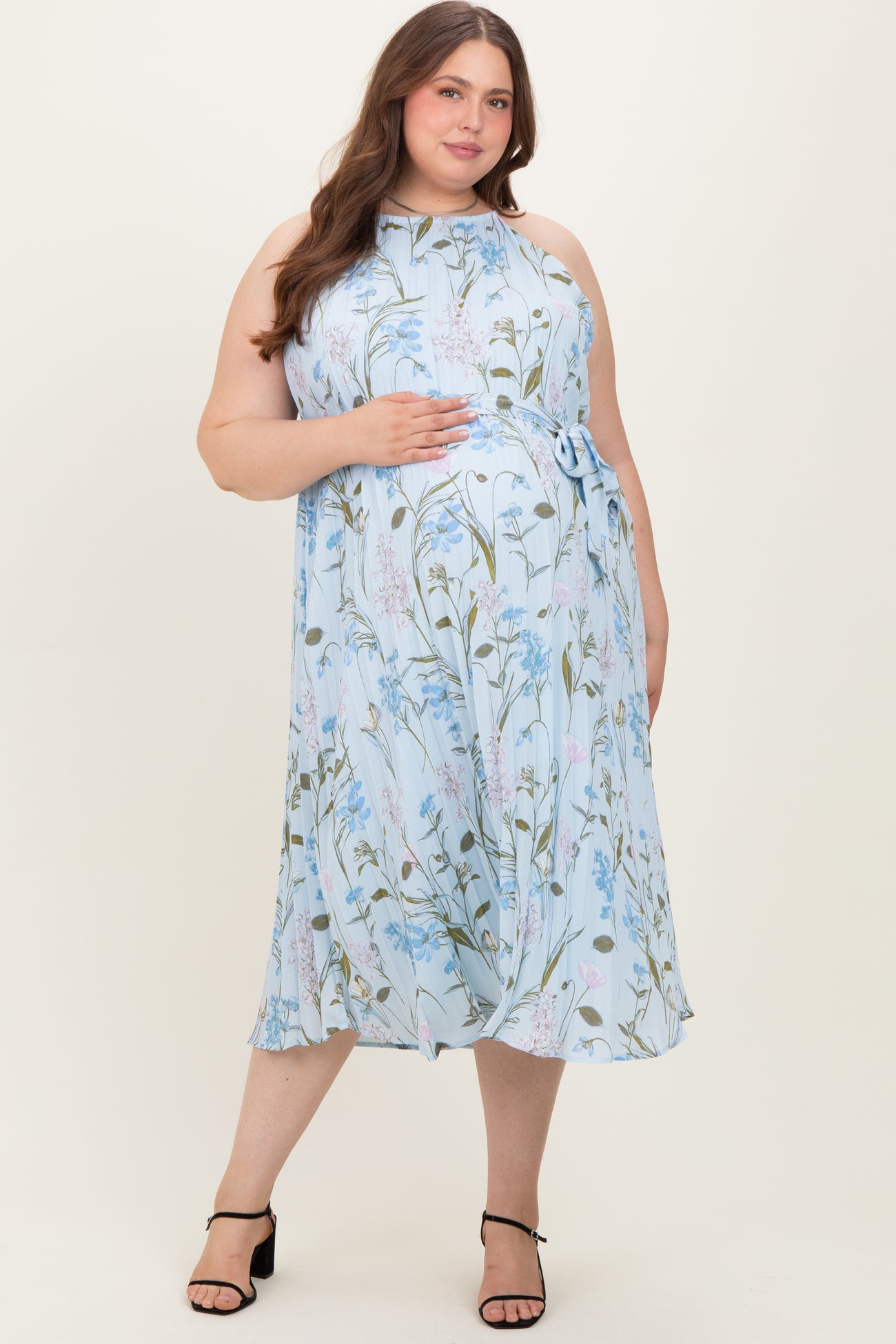 Light Blue Floral Pleated Sleeveless Maternity Plus Midi Dress