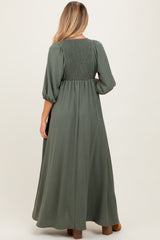 Olive Solid 3/4 Sleeve Smocked Top V-Neck Maternity Maxi Dress