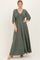 Olive Solid 3/4 Sleeve Smocked Top V-Neck Maxi Dress