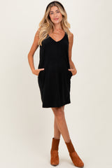 Black Solid Corduroy V-Neck A-Line Maternity Mini Dress
