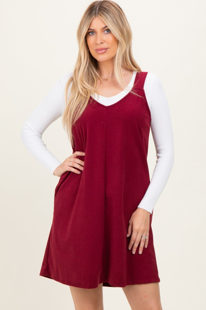 Burgundy Solid Corduroy V-Neck A-Line Maternity Mini Dress