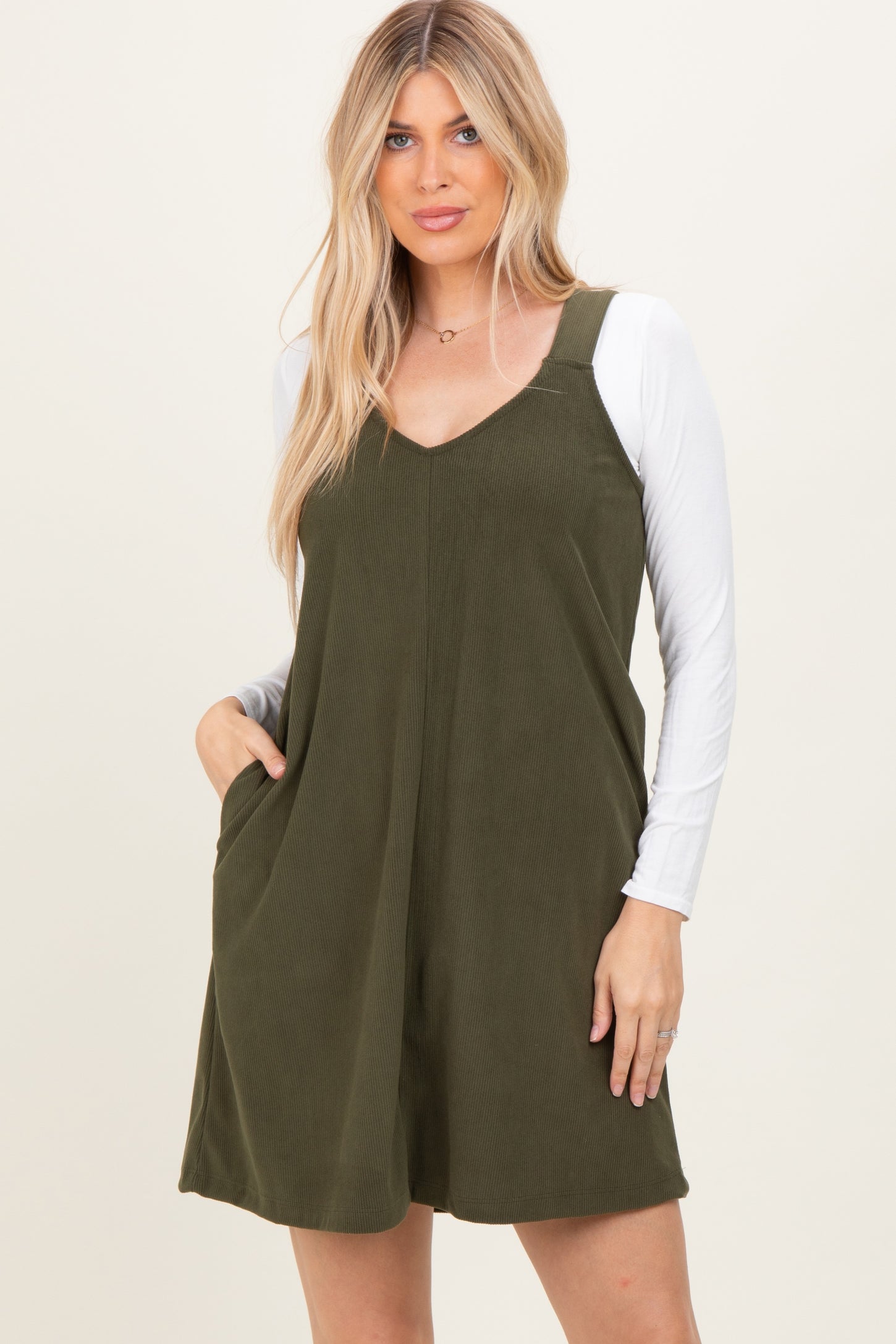 Olive Solid Corduroy V-Neck A-Line Maternity Mini Dress
