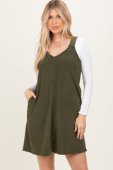 Olive Solid Corduroy V-Neck A-Line Maternity Mini Dress