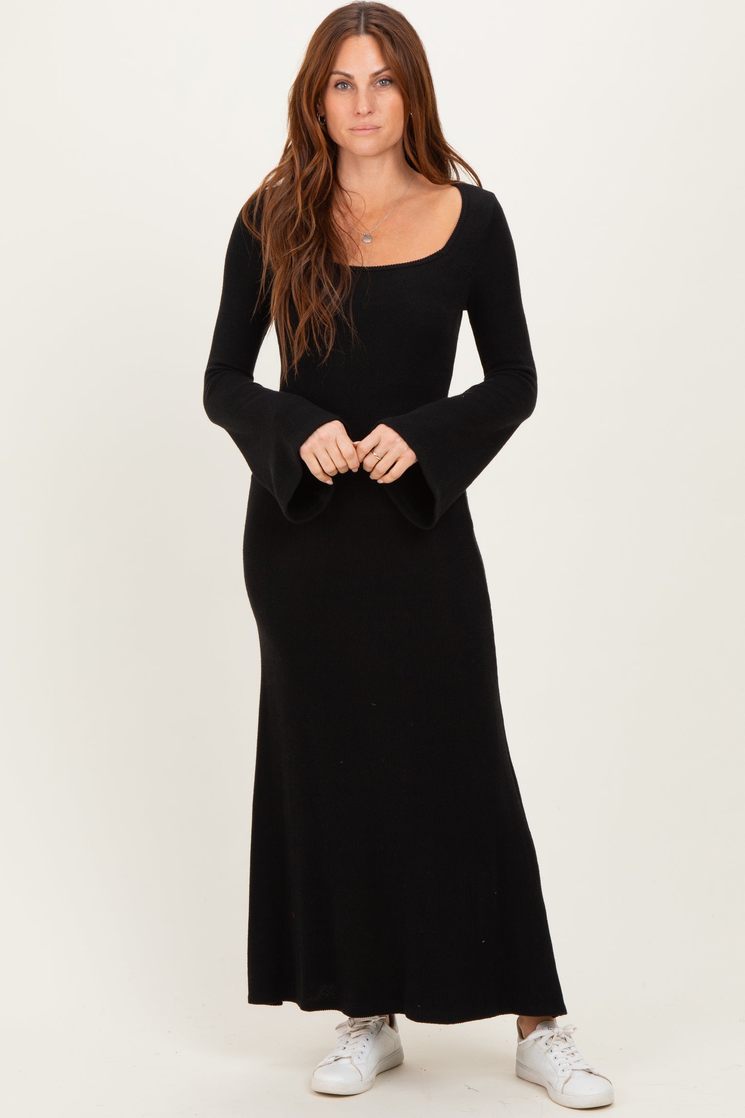 Black Solid Ribbed Long Sleeve Square Neck Maternity Maxi Dress
