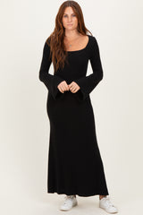 Black Solid Ribbed Long Sleeve Square Neck Maternity Maxi Dress