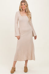 Cream Solid Ribbed Long Sleeve Square Neck Maternity Maxi Dress