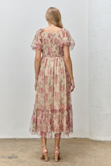 Mauve Floral Printed Tulle Puff Sleeve Midi Dress