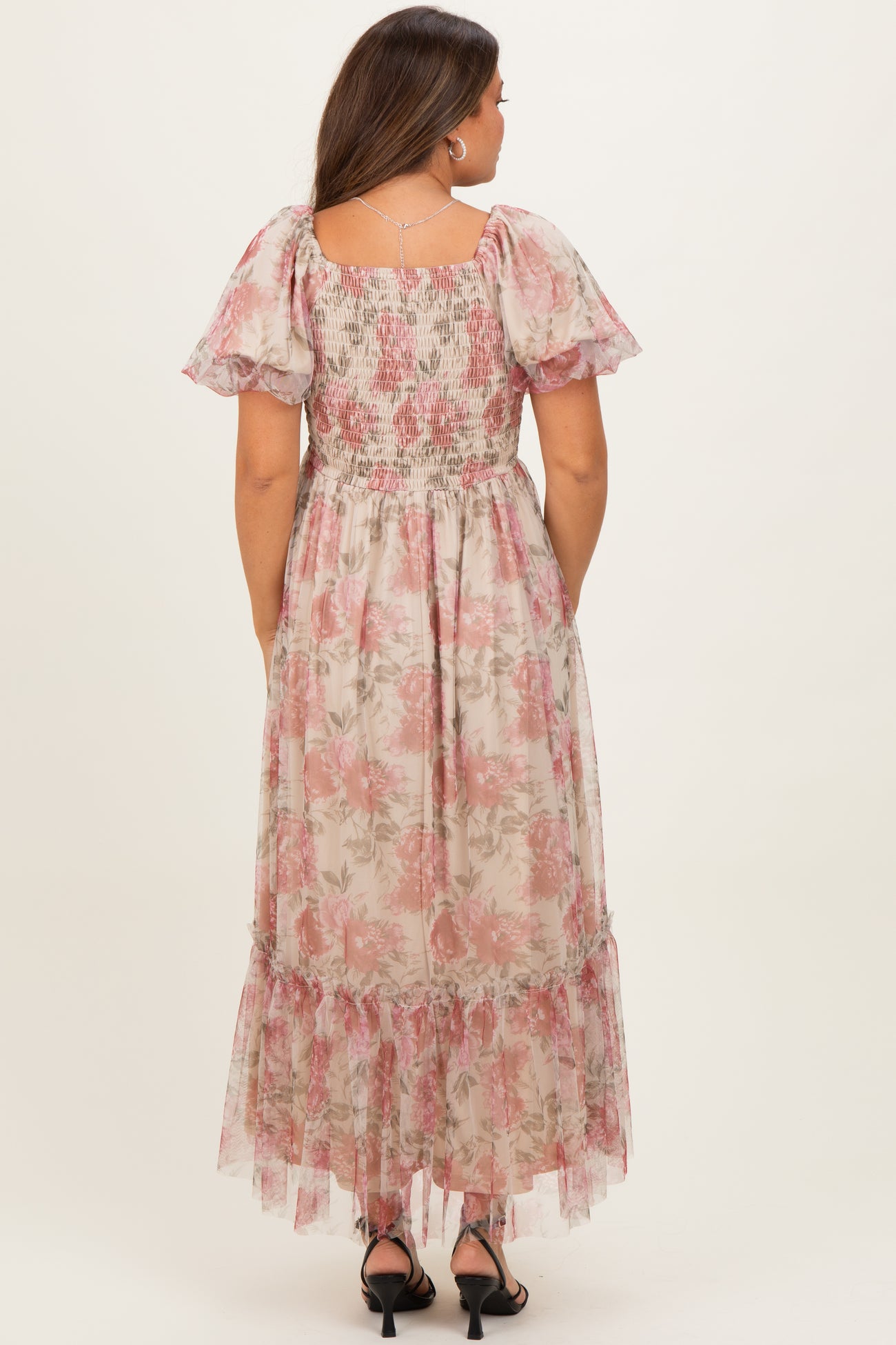 Mauve Floral Printed Tulle Puff Sleeve Maternity Midi Dress
