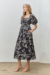 Black Floral Puff Sleeve Smocked Waist Midi Dress