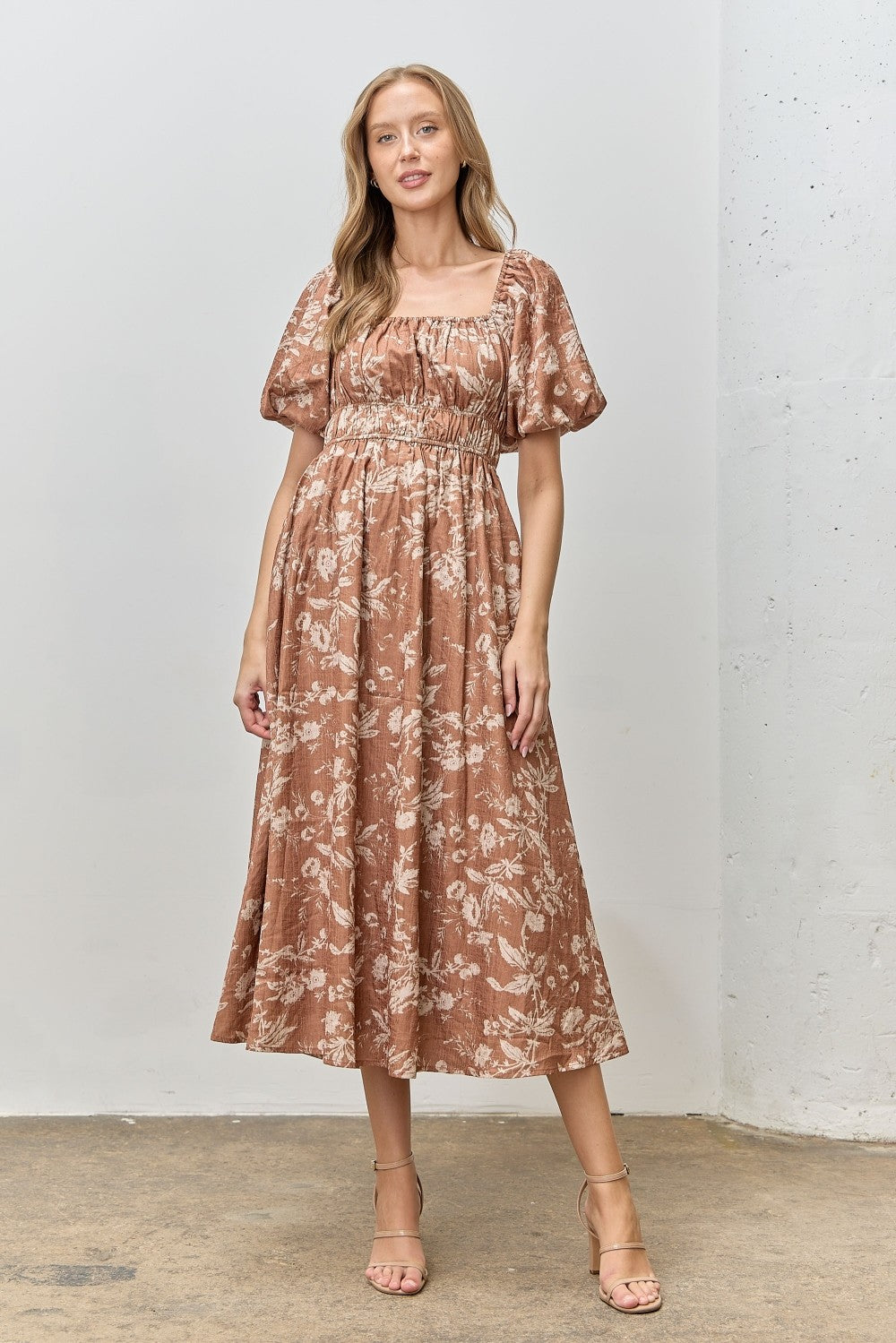 Rust Floral Puff Sleeve Smocked Waist Maternity Midi Dress