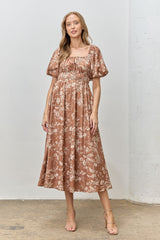 Rust Floral Puff Sleeve Smocked Waist Maternity Midi Dress