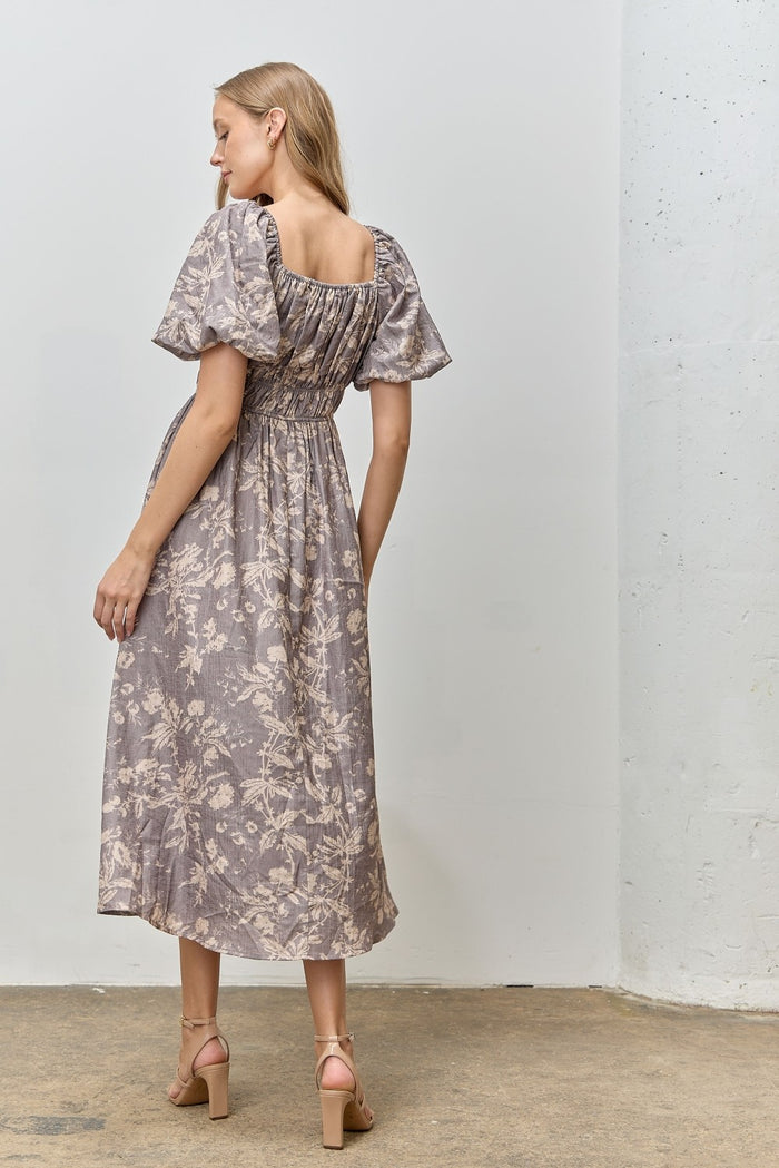 woman wearing a floral print midi dress with puff sleeves and a fitted waist, standing with her back to the camera