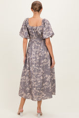 Grey Floral Puff Sleeve Smocked Waist Maternity Midi Dress