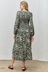 woman wearing a green floral long sleeve maxi dress with a smocked back and tiered skirt, seen from the back