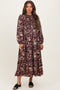 Brown Floral Smocked Long Sleeve Maternity Midi Dress