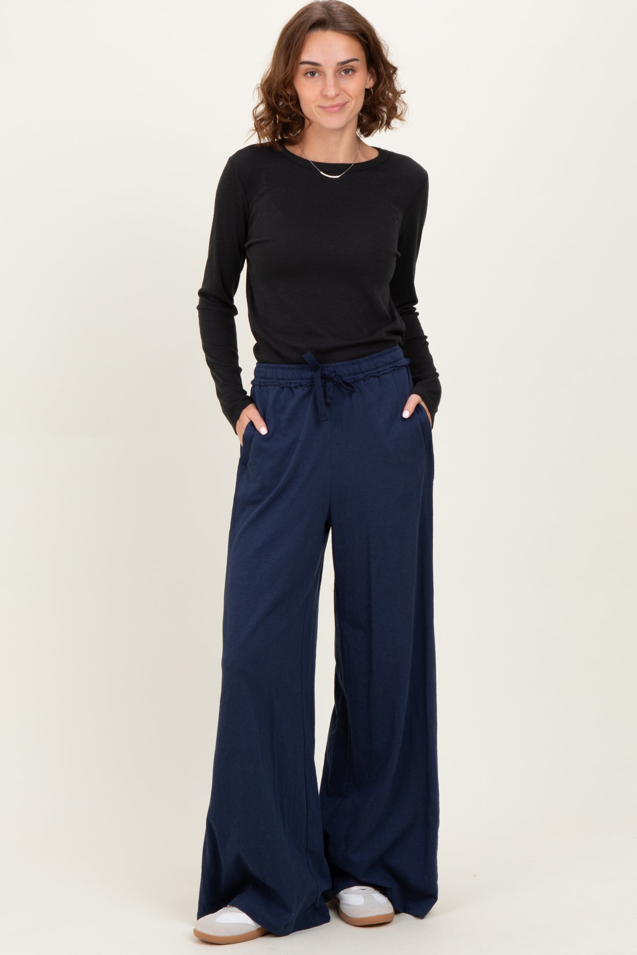 Navy Drawstring Wide Leg Lounge Pant
