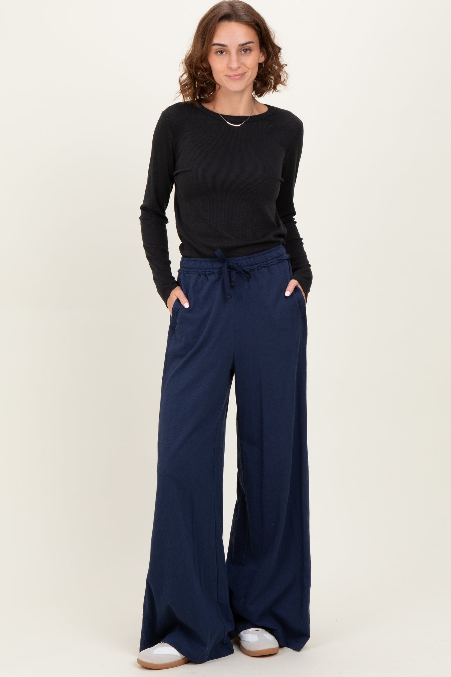Navy Drawstring Wide Leg Lounge Pant