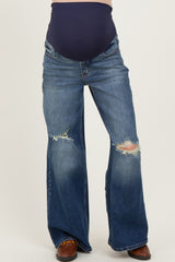 Navy Distressed Open Knee Baggy Wide Leg Maternity Jeans