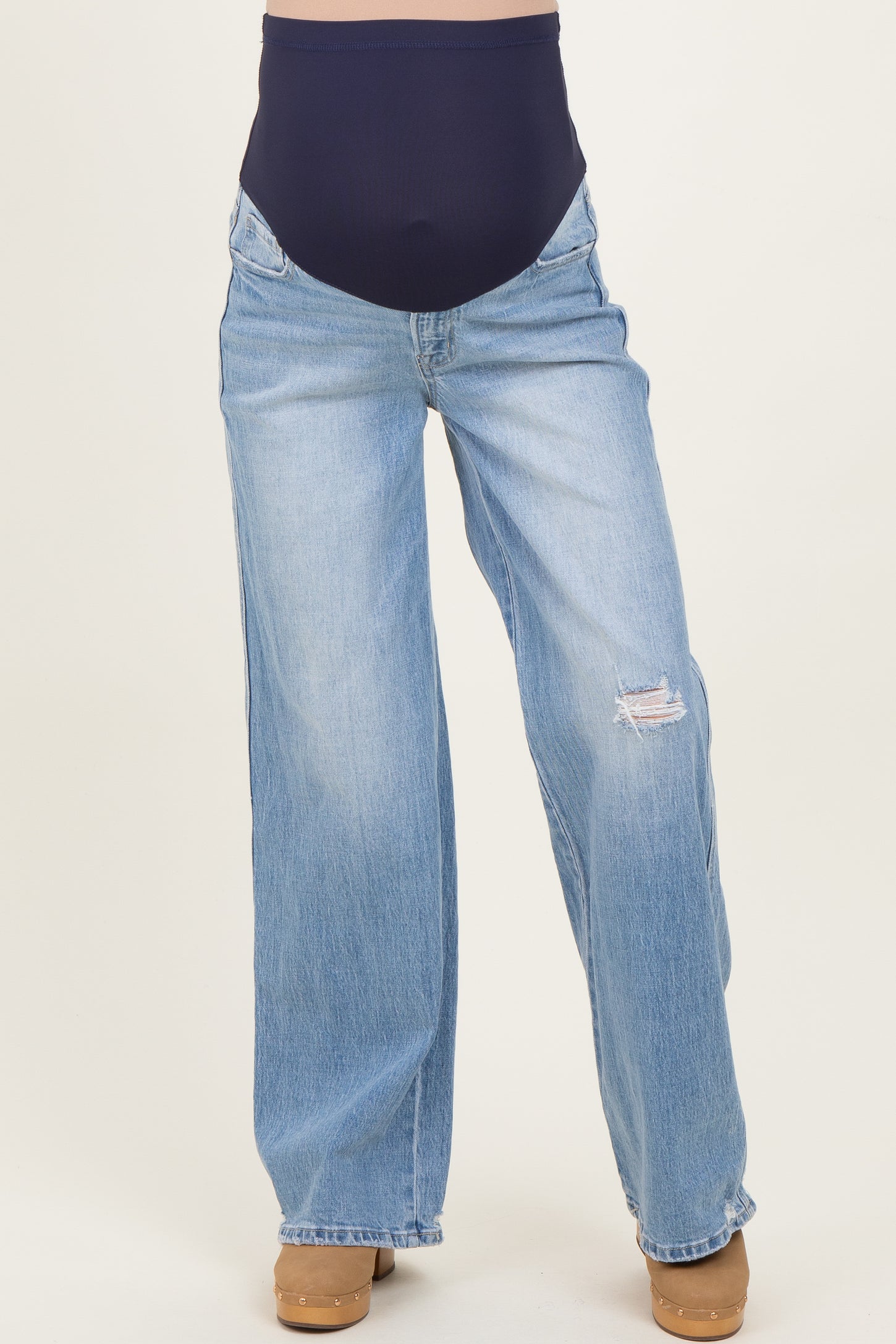 Light Blue Distressed Relaxed Wide Leg Maternity Jeans
