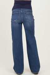 maternity wear dark blue wide leg jeans with a high waistband, shown from the back