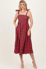 Red Plaid Shoulder Tie Scallop Hem Midi Dress