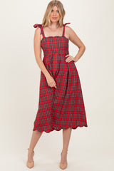 Red Plaid Shoulder Tie Scallop Hem Midi Dress
