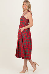 Red Plaid Shoulder Tie Scallop Hem Midi Dress