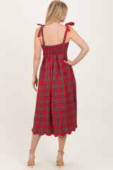 Red Plaid Shoulder Tie Scallop Hem Midi Dress