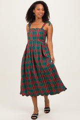 Green Plaid Shoulder Tie Scallop Hem Maternity Midi Dress