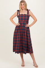 Navy Plaid Shoulder Tie Scallop Hem Maternity Midi Dress