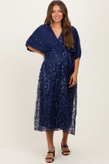 Navy Embroidered Tulle Dolman V-Neck Maternity Midi Dress