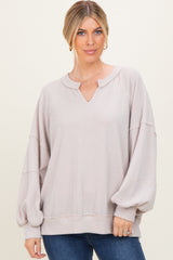 Beige Solid Rib Long Sleeve V-Neck Oversized Tunic Top