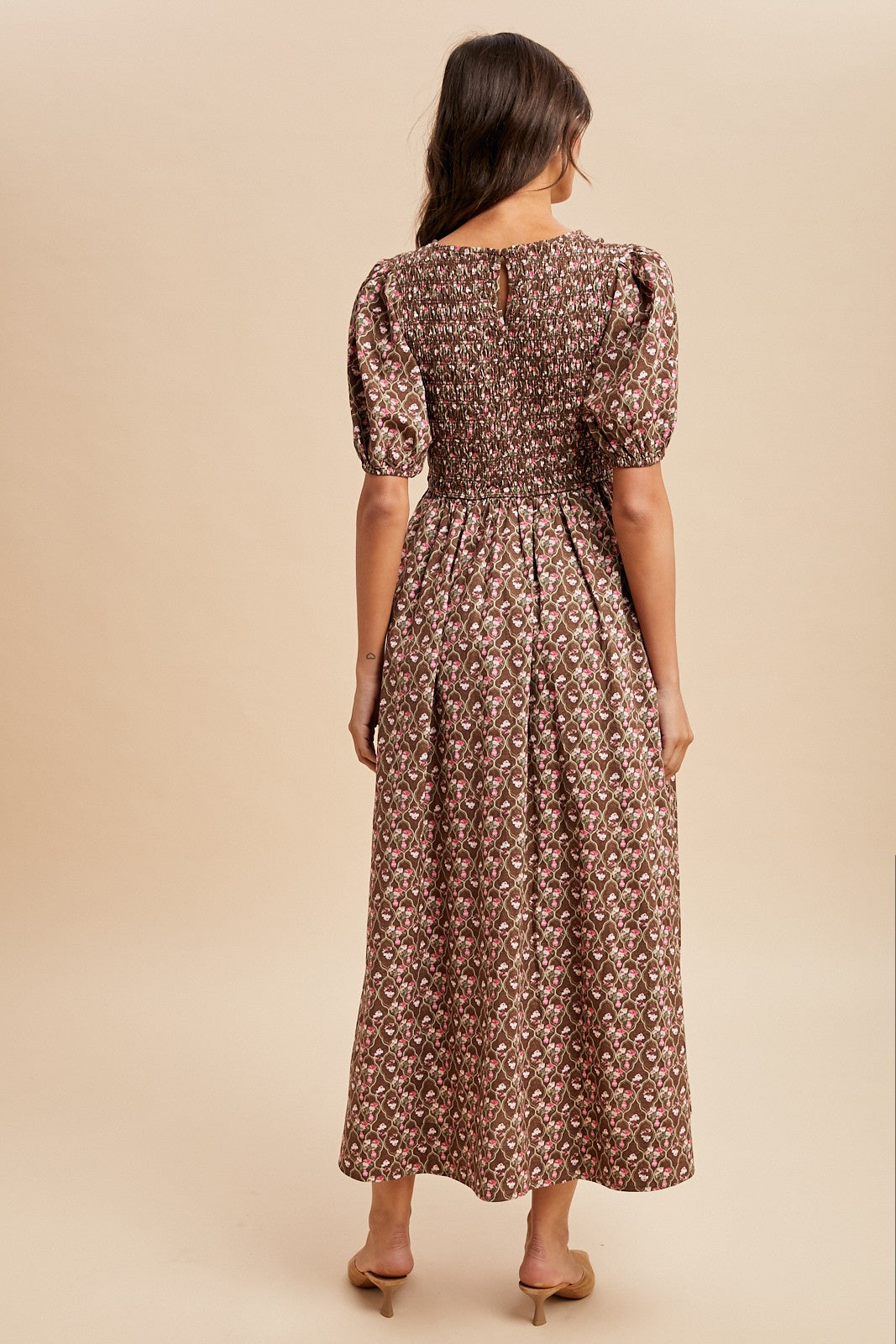Mocha Floral Smocked Puff Sleeve Maxi Dress