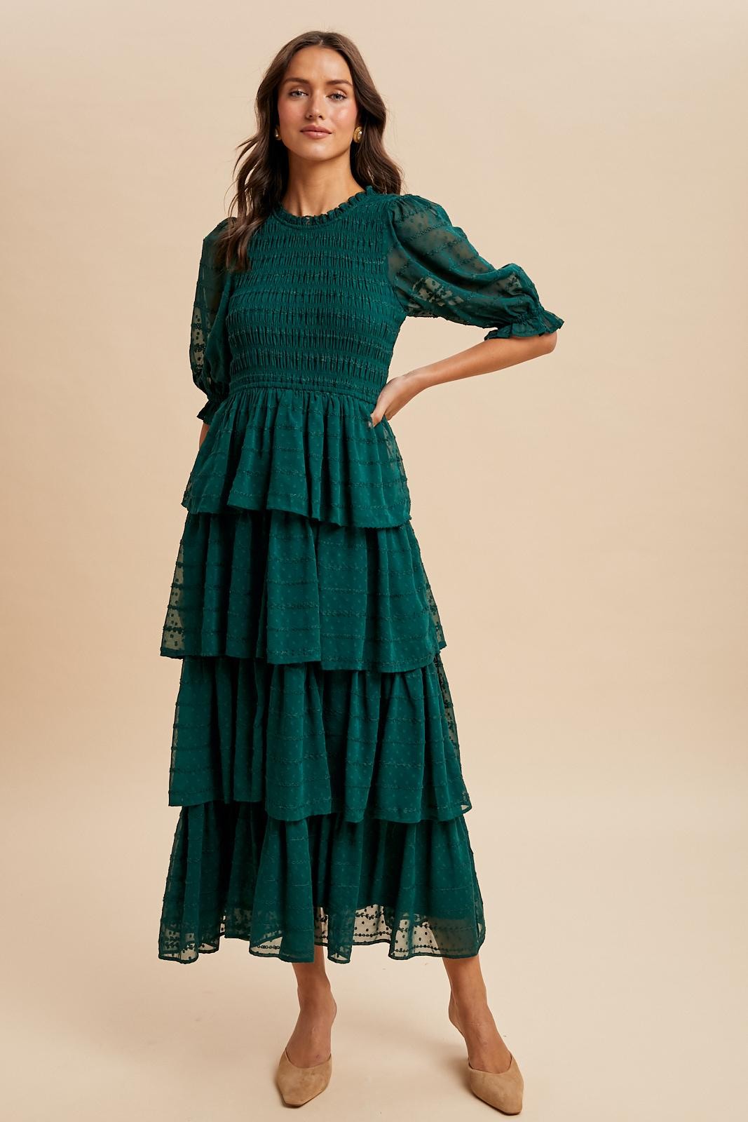 Forest Green Smocked Swiss Dot Tiered Maternity Maxi Dress