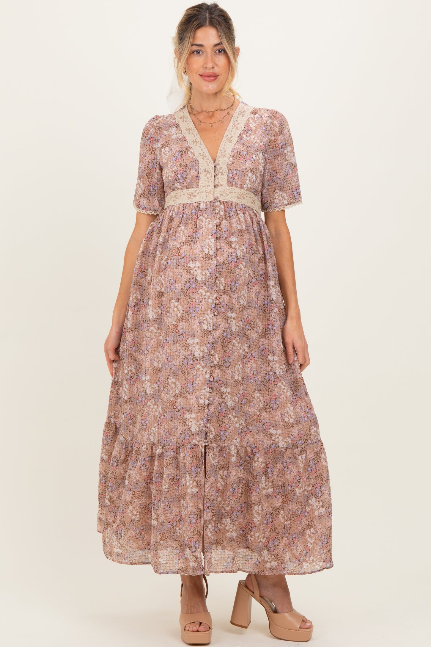Mauve Floral Lace Detail Button Down Maternity Maxi Dress