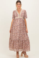 Mauve Floral Lace Detail Button Down Maternity Maxi Dress