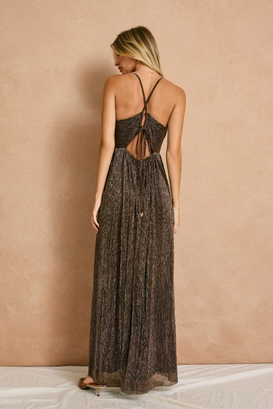 Brown Shimmer Open Tie Back Maxi Dress