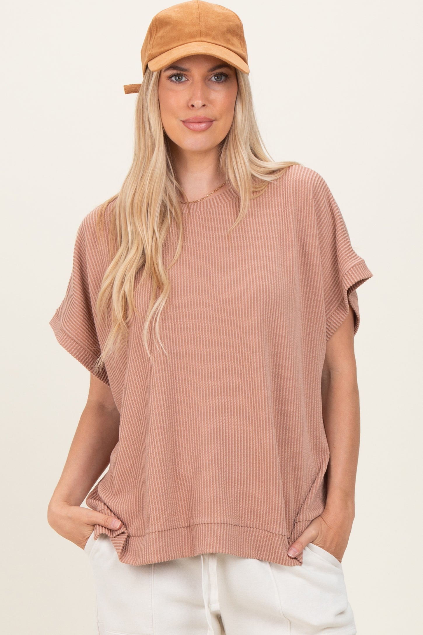 Brown Solid Ribbed Short Sleeve Oversized Tunic Top