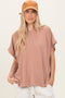 Brown Solid Ribbed Short Sleeve Oversized Tunic Top