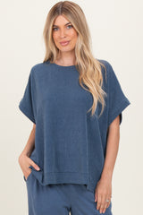 Blue Solid Ribbed Short Sleeve Oversized Tunic Top