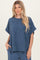 Blue Solid Ribbed Short Sleeve Oversized Tunic Top