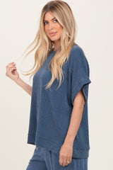 Blue Solid Ribbed Short Sleeve Oversized Tunic Top