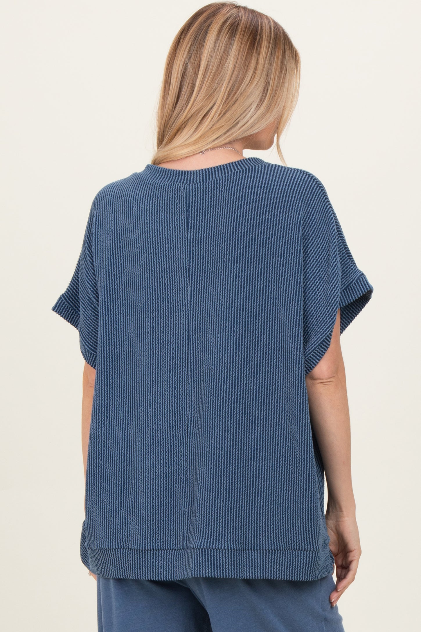 Blue Solid Ribbed Short Sleeve Oversized Tunic Top