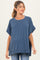 woman wearing a navy blue ribbed maternity top with short sleeves and a relaxed fit
