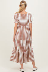 Cream/Camel Striped Short Sleeve Tiered Maternity Maxi Dress