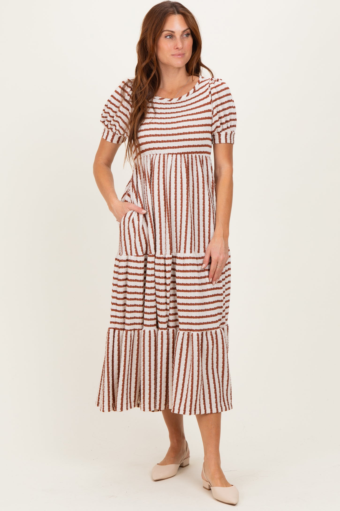 Cream/Camel Striped Short Sleeve Tiered Maternity Maxi Dress