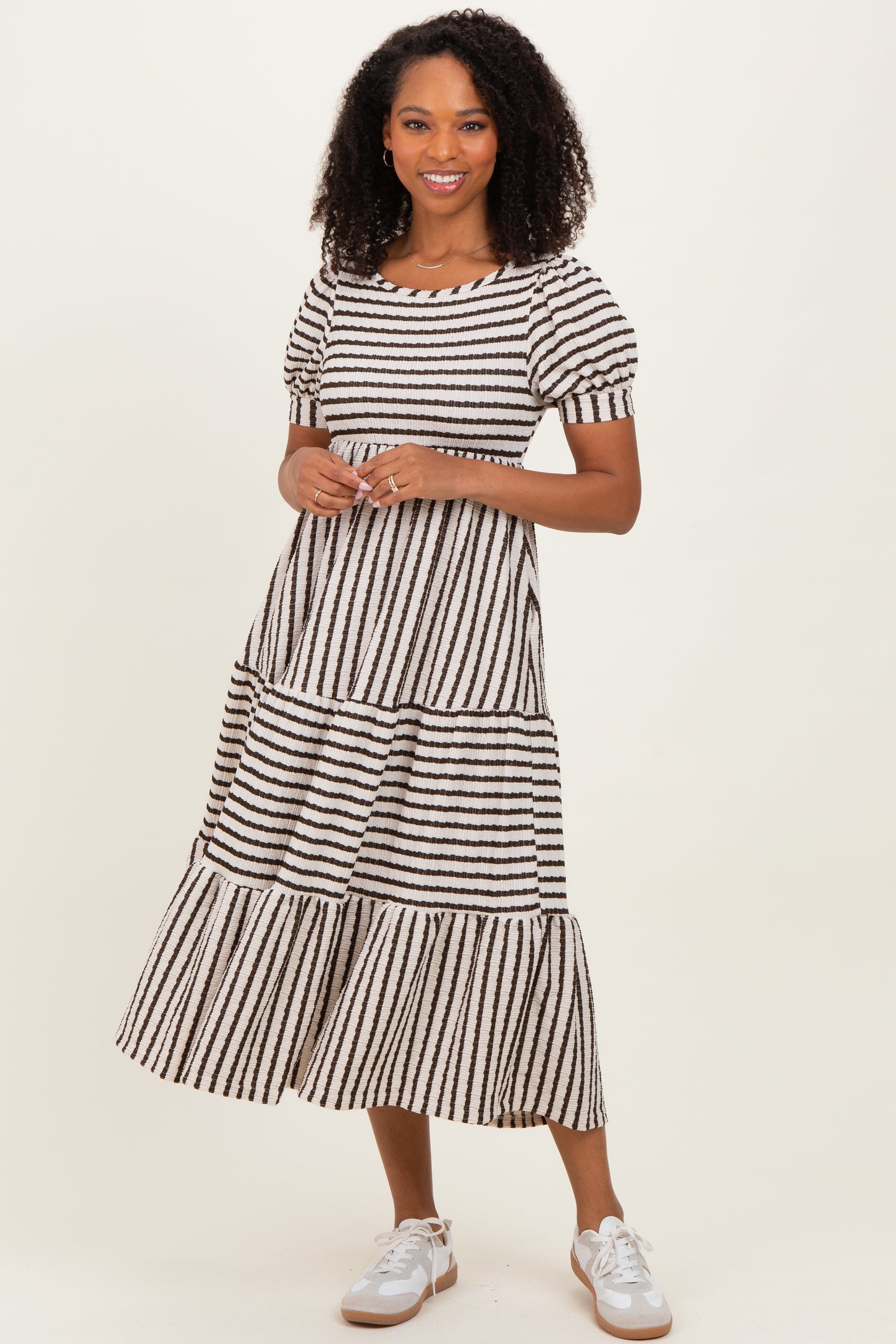 Cream/Olive Striped Short Sleeve Tiered Maxi Dress