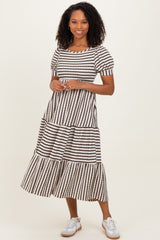 Cream/Olive Striped Short Sleeve Tiered Maxi Dress