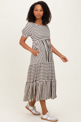 Cream/Olive Striped Short Sleeve Tiered Maxi Dress